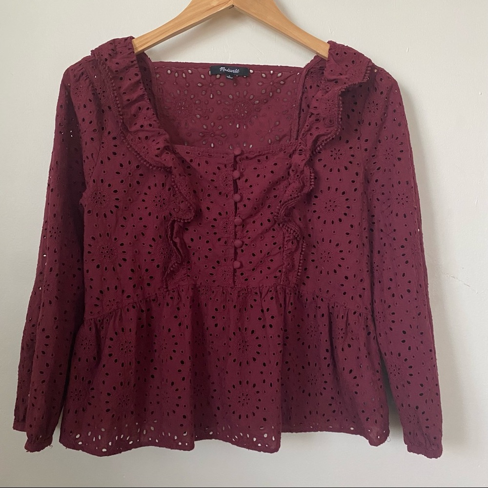 Madewell Eyelet Pom Pom Top in burgundy- size small